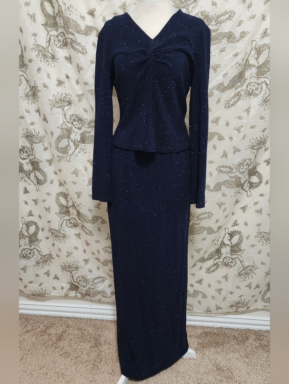 Vintage 90s Scott McClintock Navy Glitter Knit 2-Piece Maxi Skirt Set